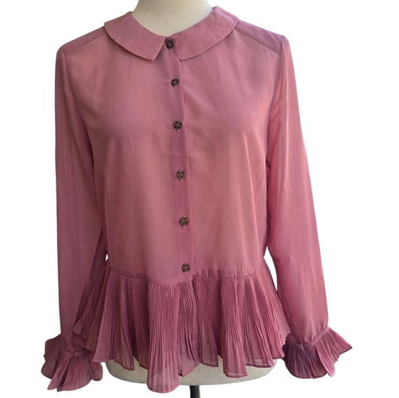 Anthropologie The Korner Pink Rose Long Ruffle Sleeve ButtonUp Blouse Size S NWT - Picture 1 of 4